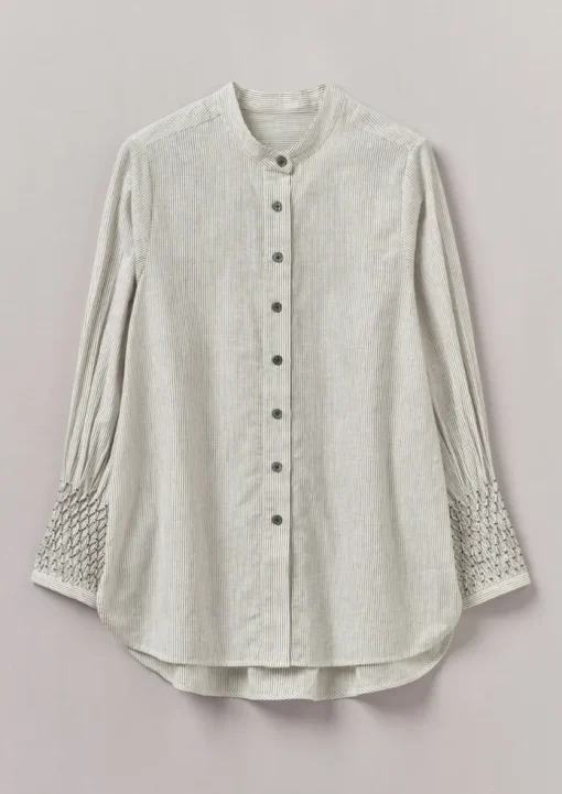 Hand Smocked Stripe Cotton Linen Shirt
